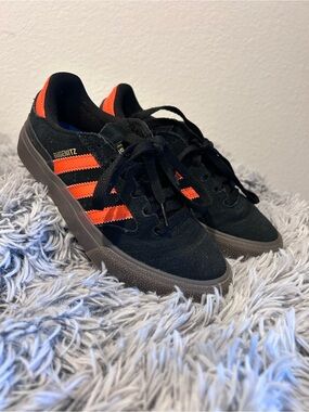 adidas Busenitz Vulc II Black with Orange Stripes Skate Sneakers